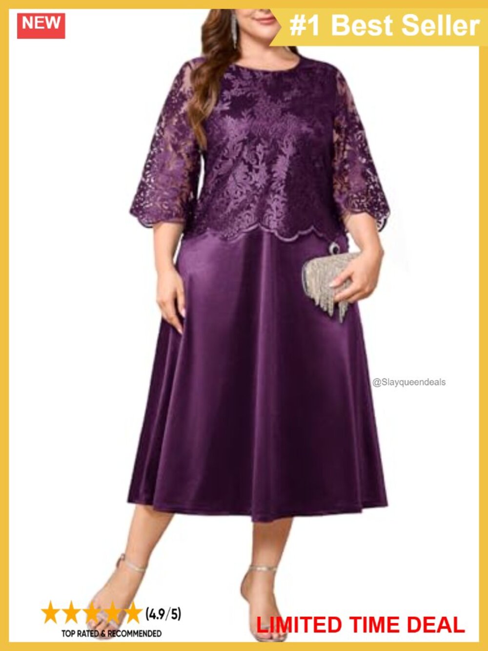 Plus Size Faux 2 Piece Satin Midi Dress Floral Lace Formal Wedding Guest
